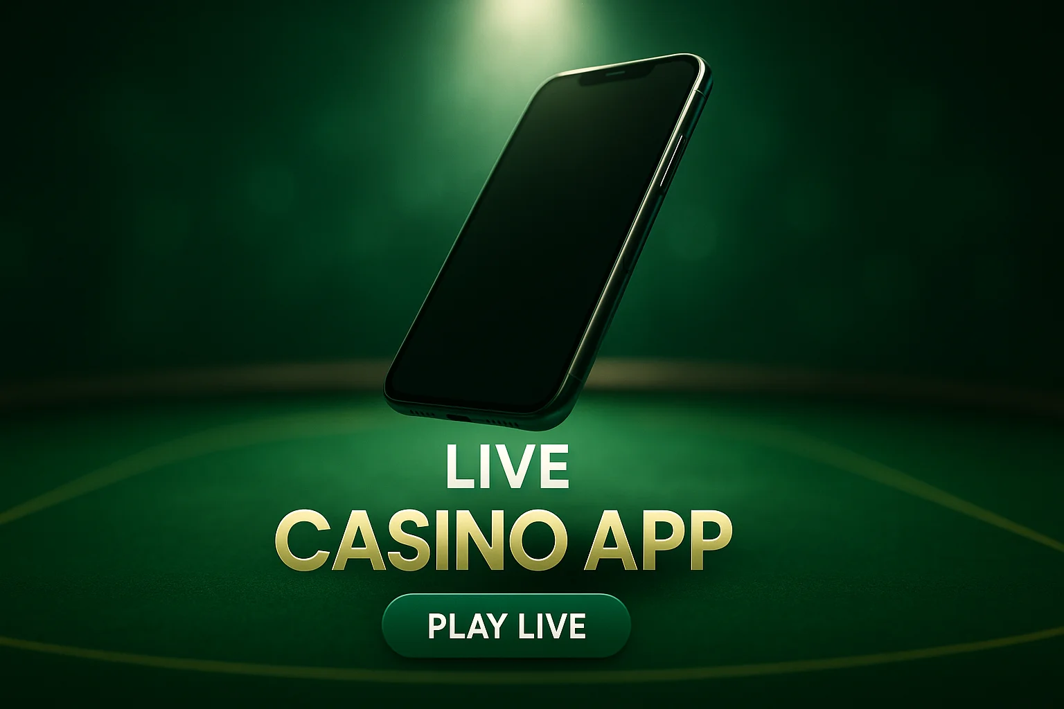 Photorealistic live casino app banner with smartphone, green felt table and CTA