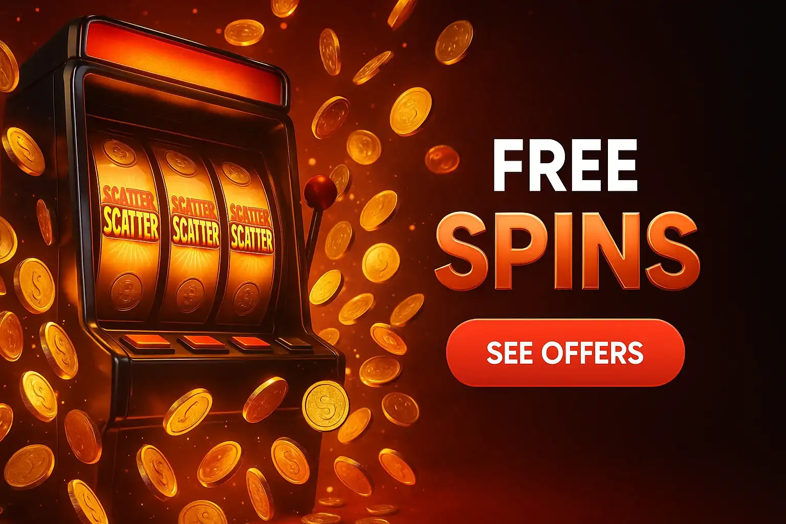 Photorealistic casino banner with glowing slot machine, bonus scatters and gold coins