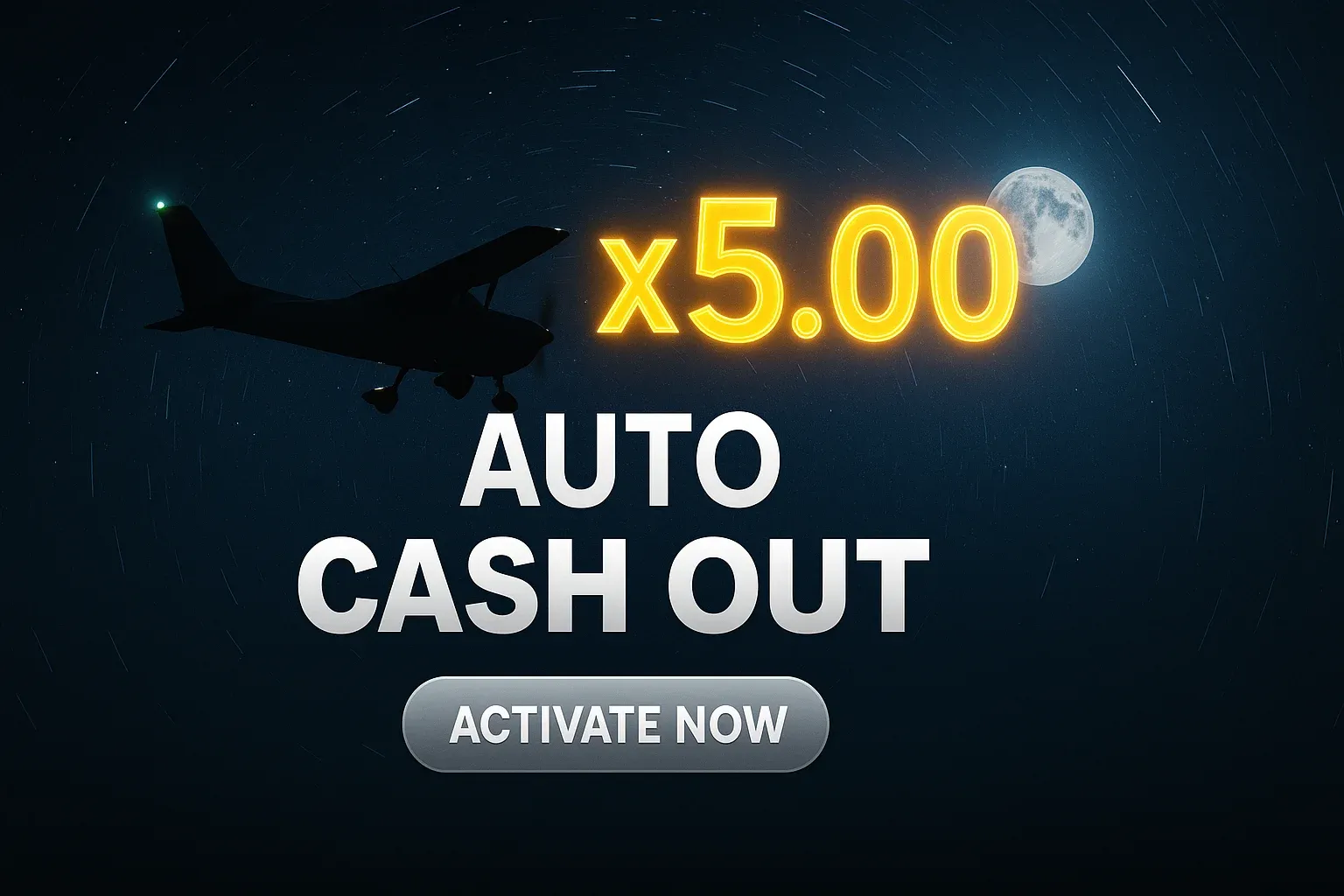 Wide casino banner with aircraft silhouette and glowing x5.00 multiplier