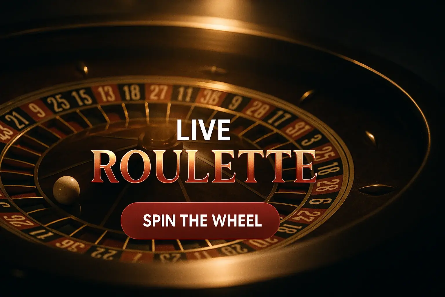 Photorealistic live roulette banner with spinning wheel, ball and CTA button