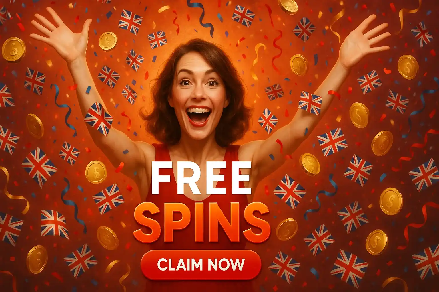 Photorealistic casino banner with British woman, Union Jack confetti and gold coins
