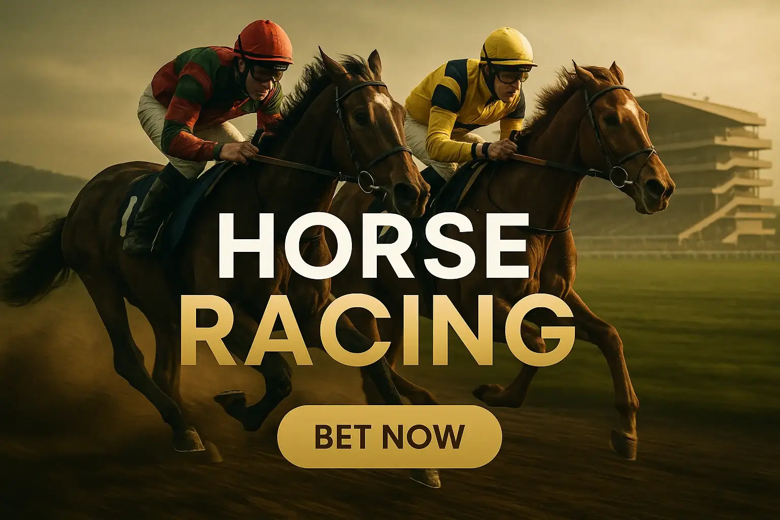Photorealistic Cheltenham horse racing banner with jockeys and Bet Now button